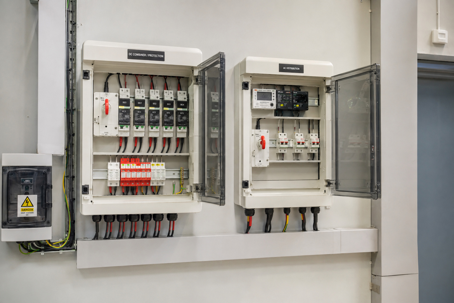 Labelled DC and AC distribution boards with surge protection and changeover