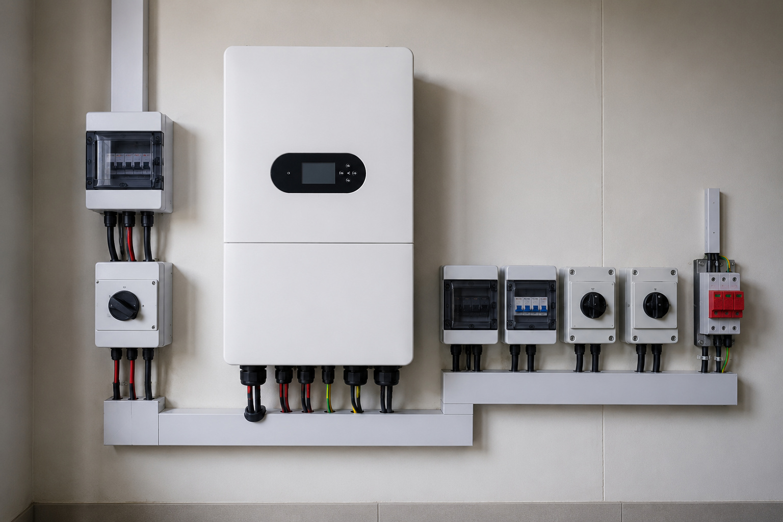 Hybrid inverter and solar panel board mounted above a doorway