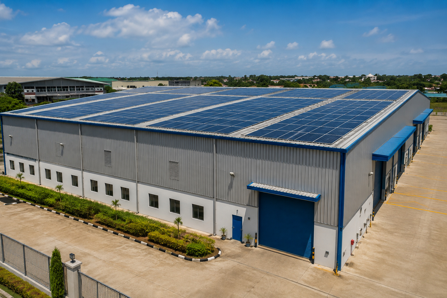 Solar array visible along the ridge of an industrial building roof