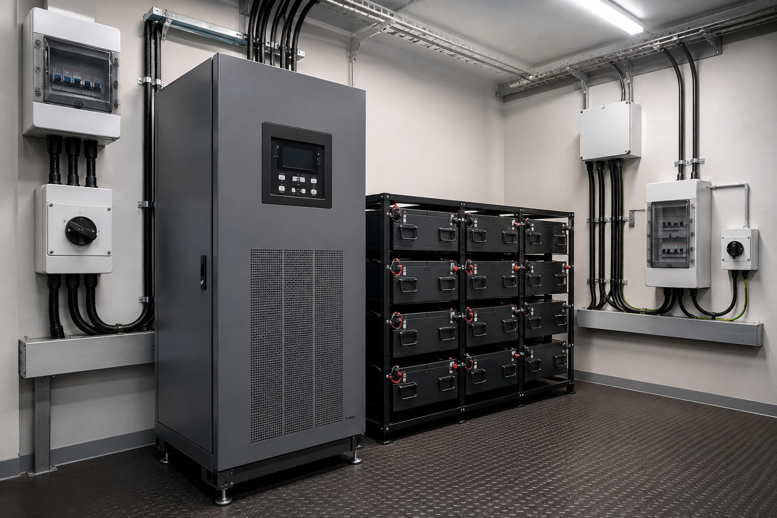 Inverter and battery bank in an equipment room with fire extinguishers
