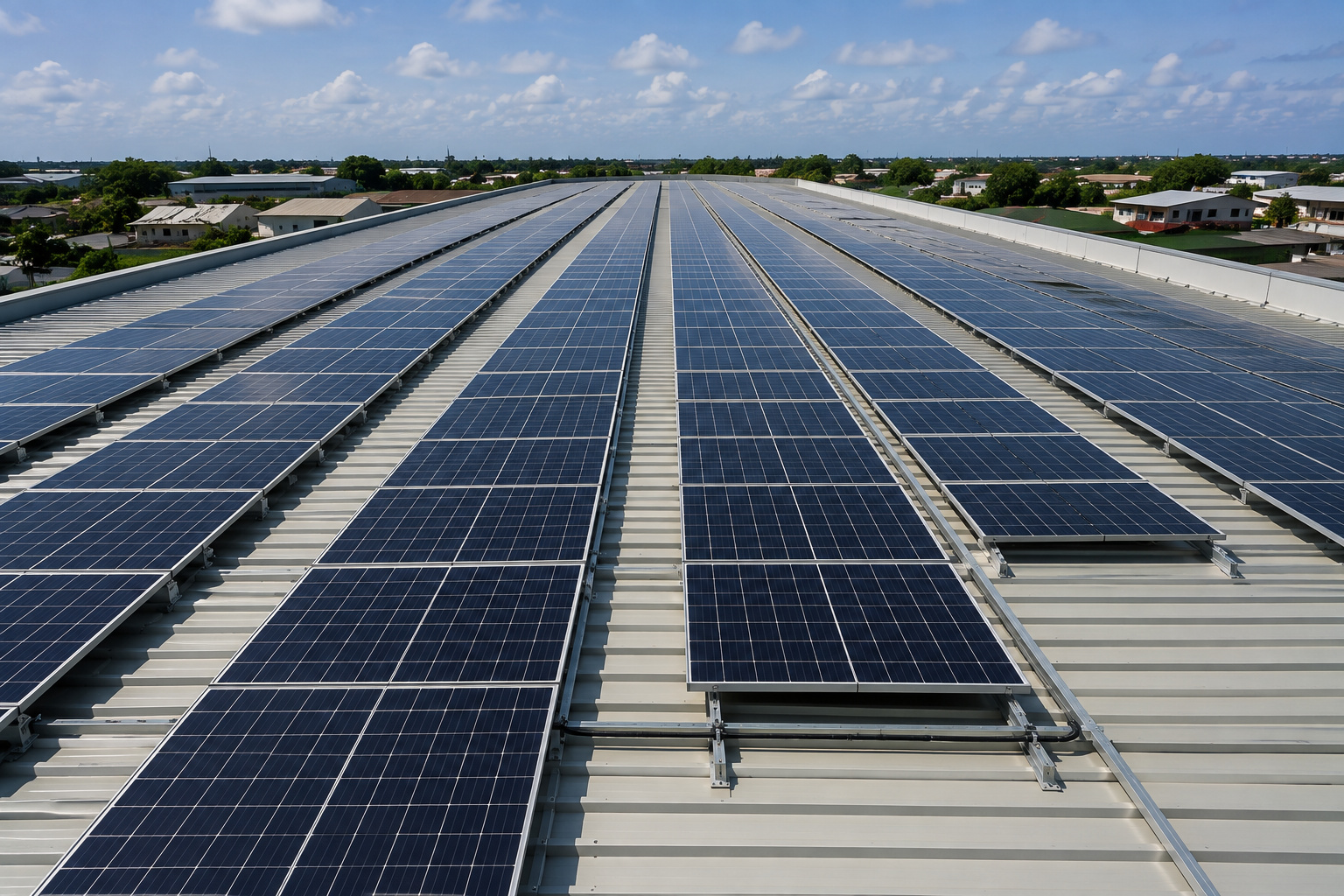 Solar array installed along a long-span roof by Prenniex