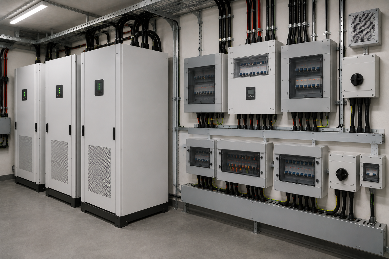 Hybrid inverter, DC and AC boards and a lithium storage unit installed together