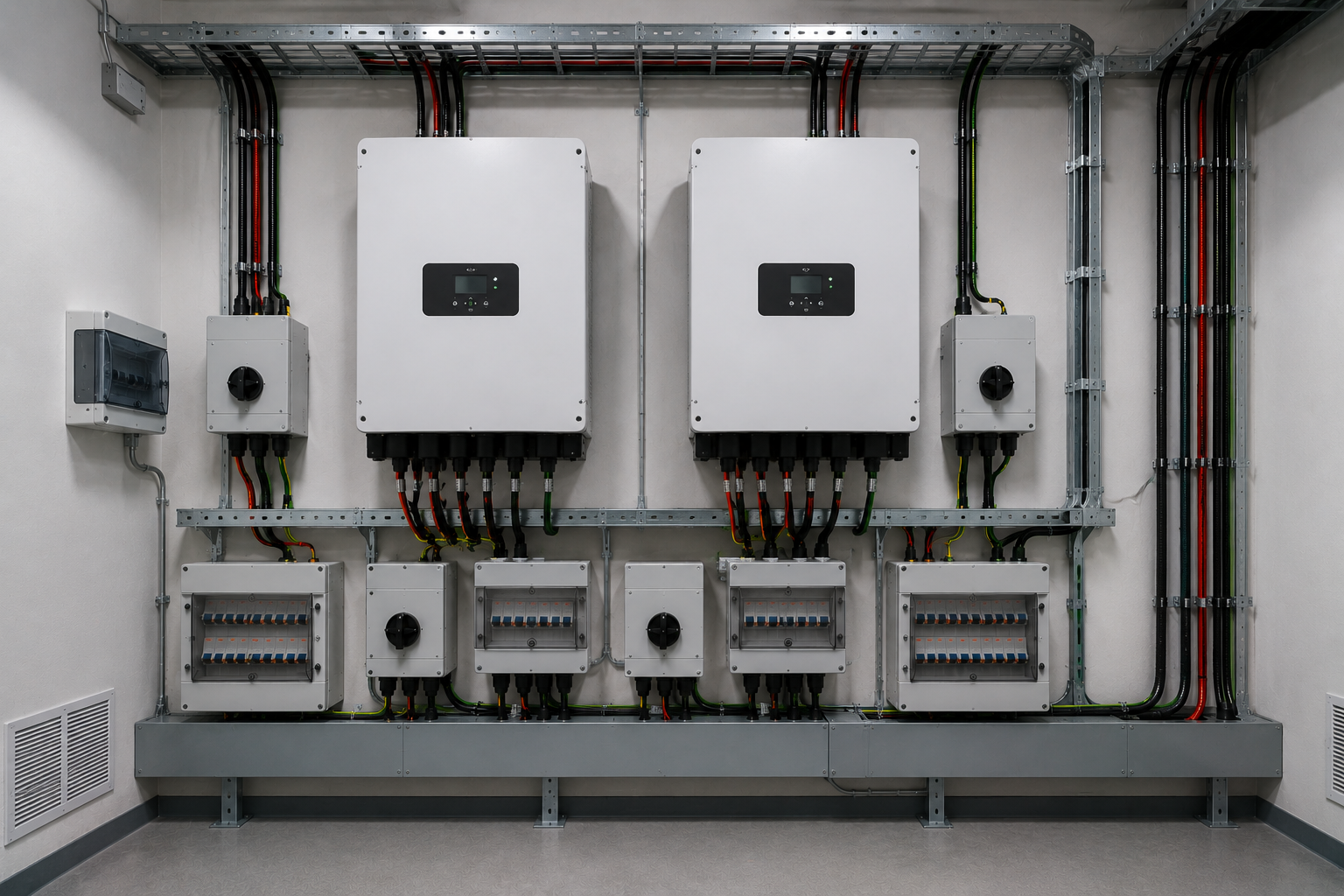 Two hybrid inverters with PV isolators and metering on a mounting board